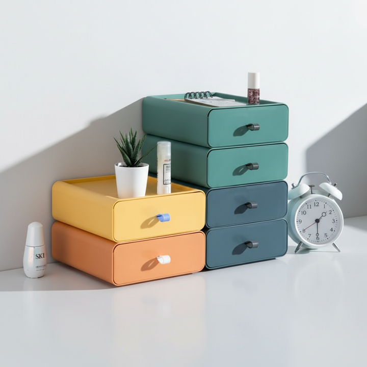 Close-up of a StackEase stackable drawer box, ideal for modern office and home organization