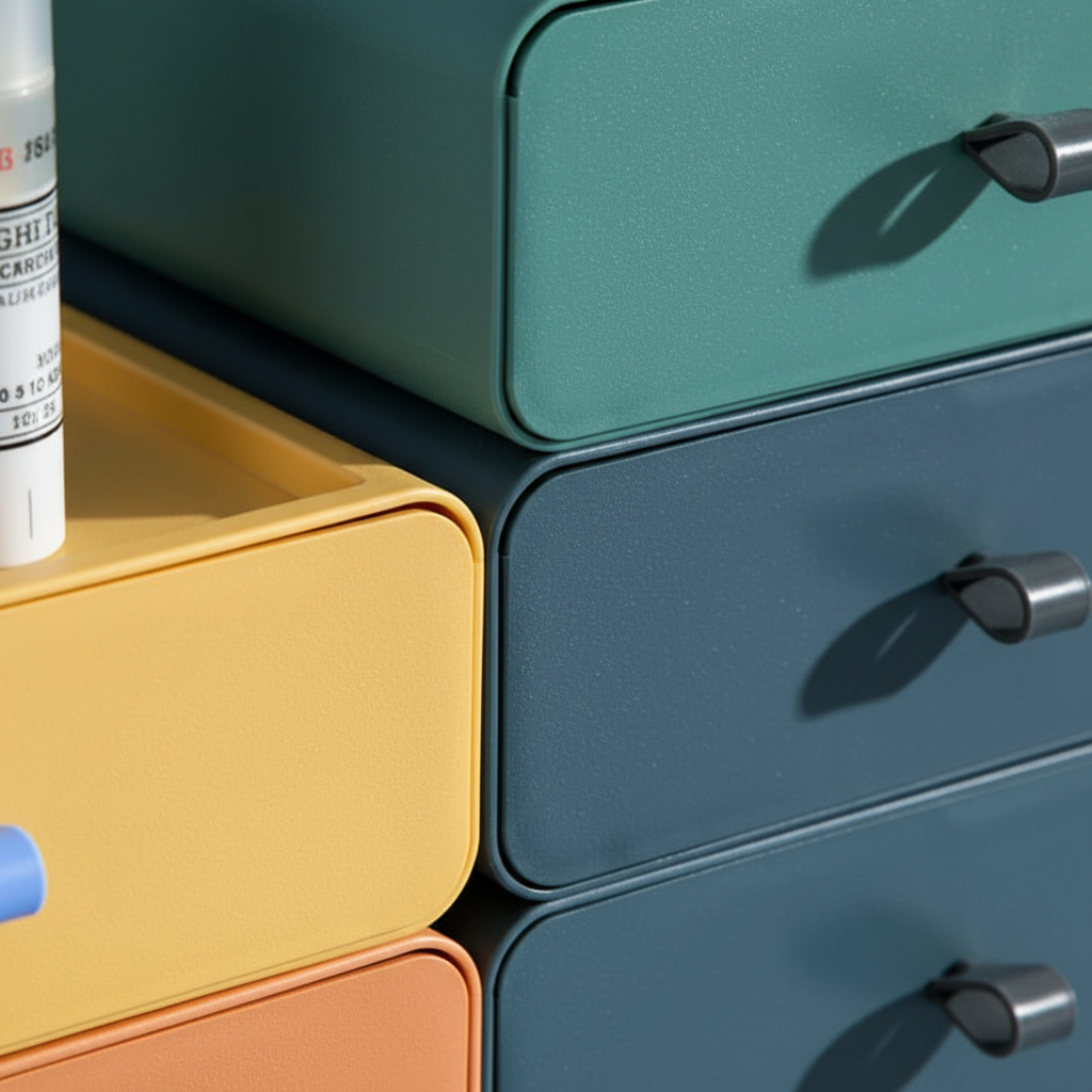 Group of StackEase stackable desktop drawer organizers in white, perfect for decluttering