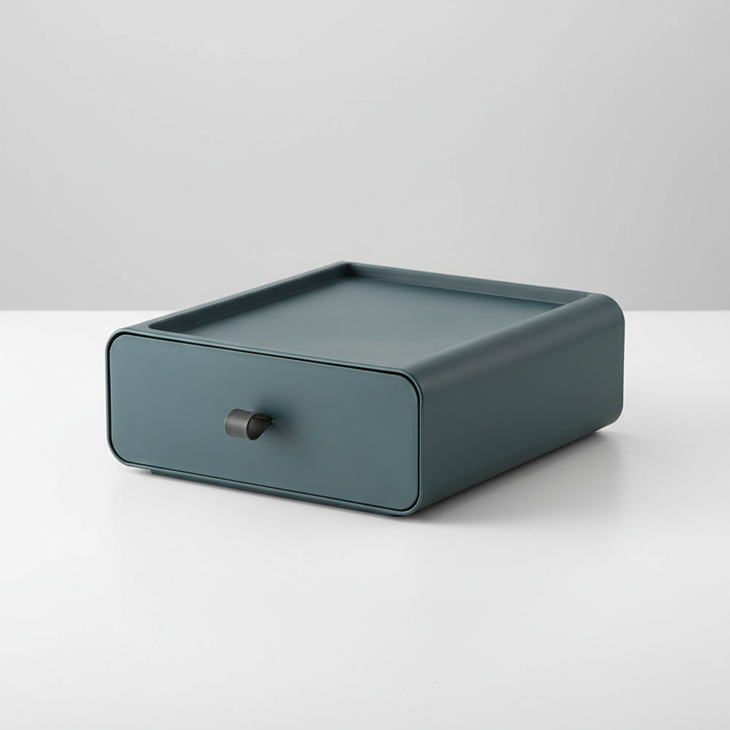Modern stackable drawer box, white plastic, keeping small items neatly stored on a desk