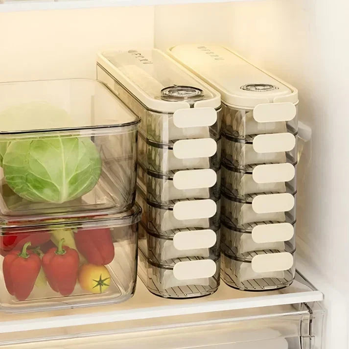 Clear plastic stackable food storage containers organize your refrigerator, perfect for kitchen & meal prep.