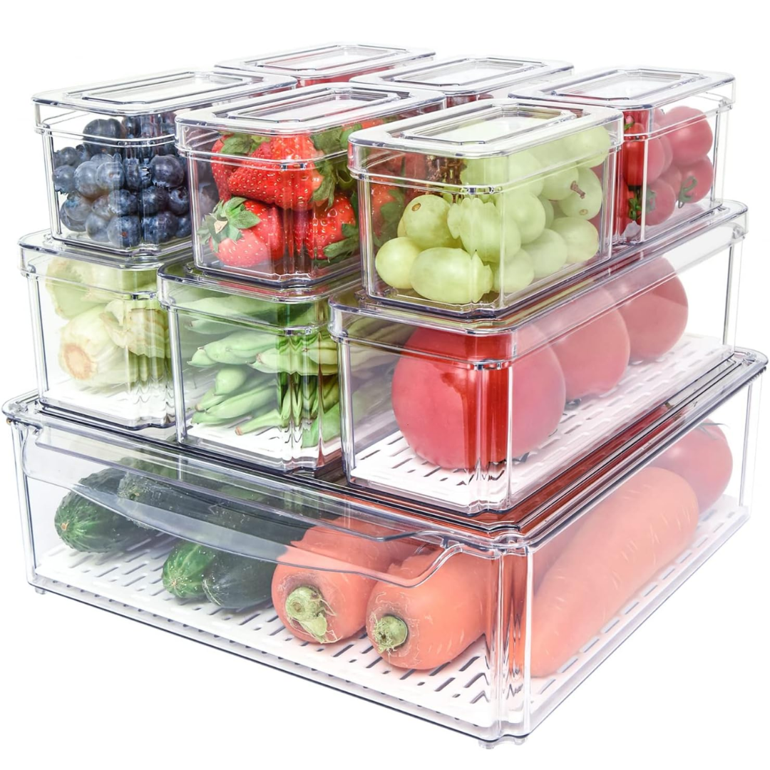 Stackable Fridge Organizer Set (10-Pack) of clear BPA-free containers for kitchen food storage