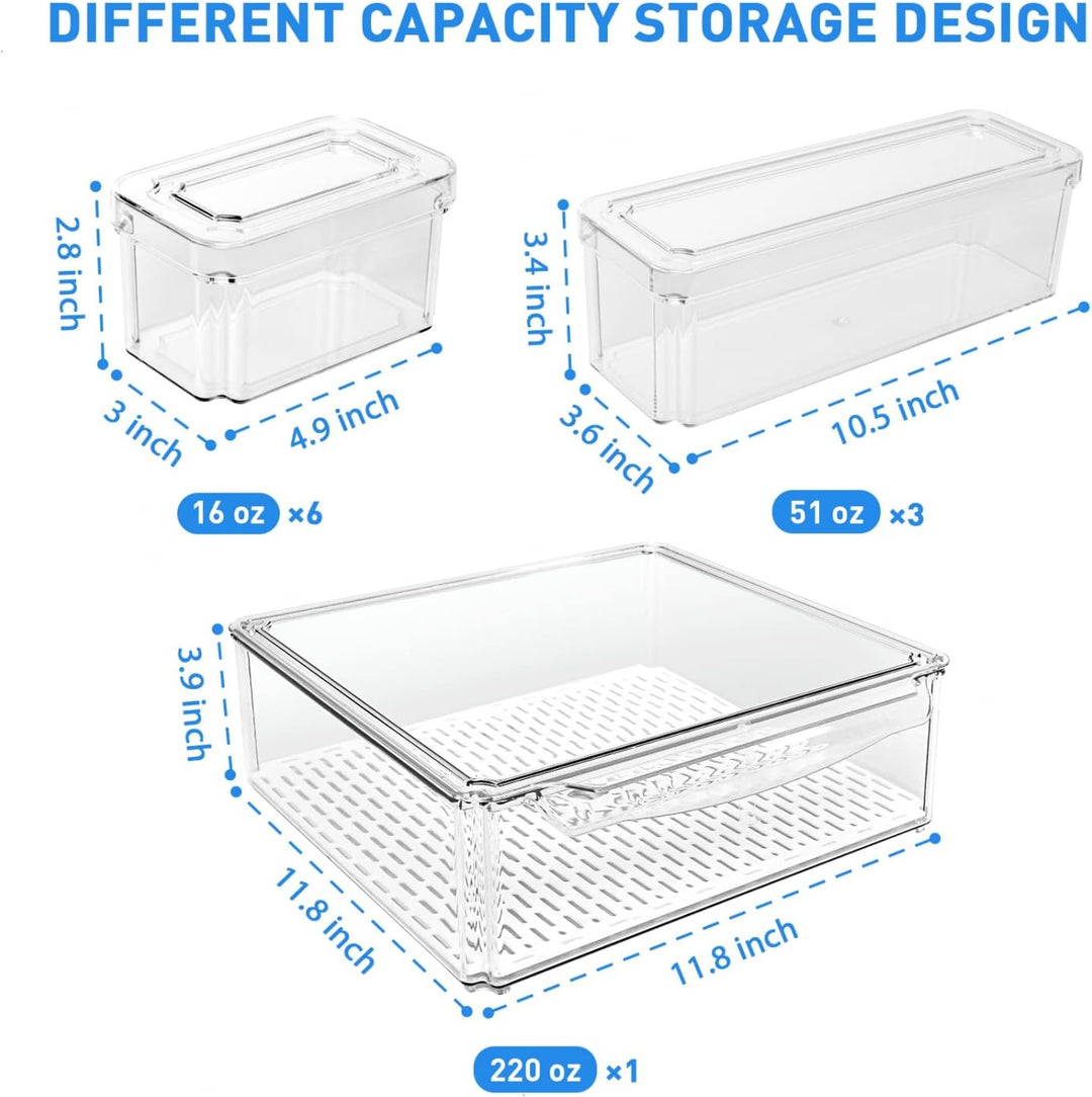 Full set of 10 clear stackable fridge organizers, perfect for home kitchen food storage solutions