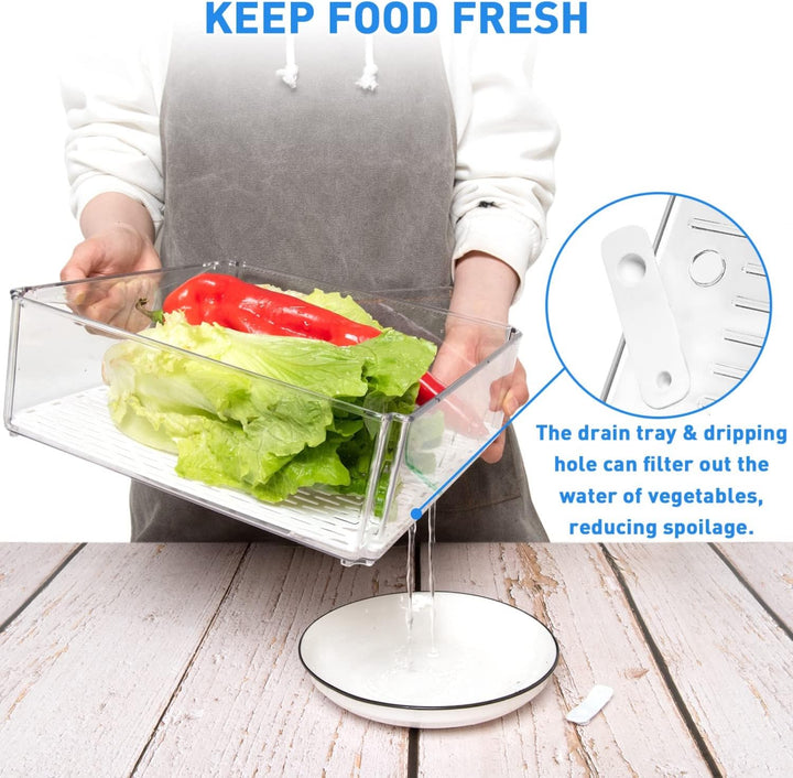 Close-up of a stackable fridge organizer bin filled with fresh produce, for easy access food storage