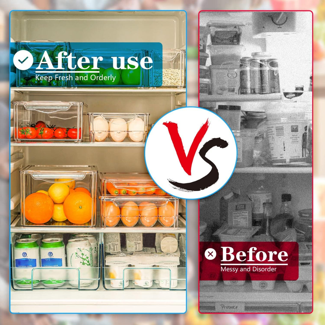 Stackable fridge organizer set in a refrigerator, showing organized fruits and vegetables in clear containers