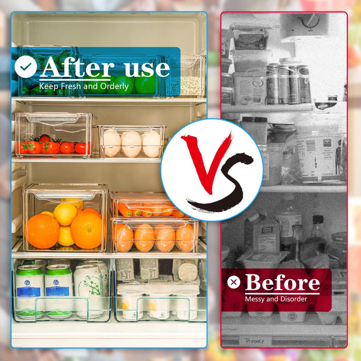 Stackable fridge organizer set in a refrigerator, showing organized fruits and vegetables in clear containers