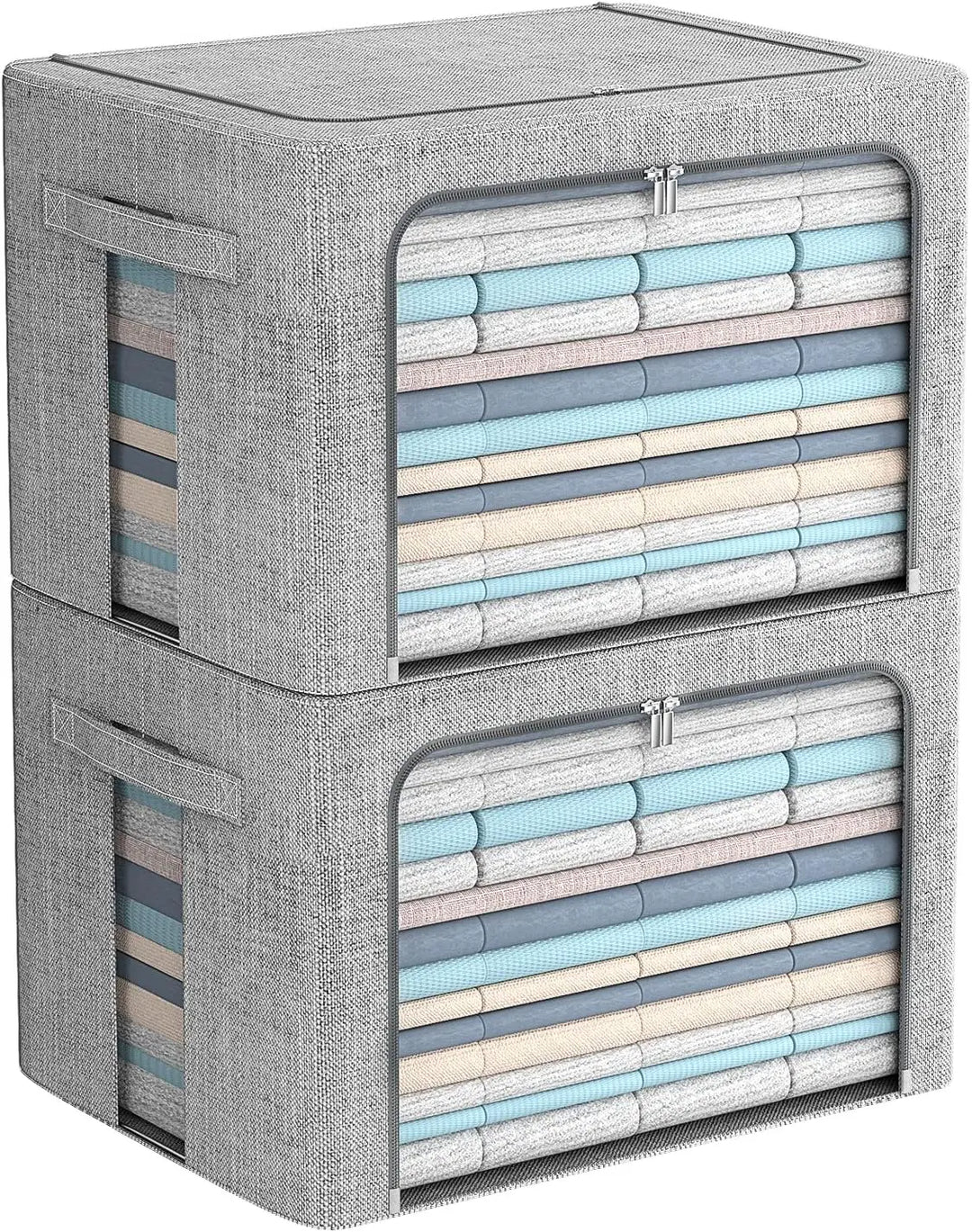 Stackable linen fabric storage box in light gray with a clear window, ideal for home organization.