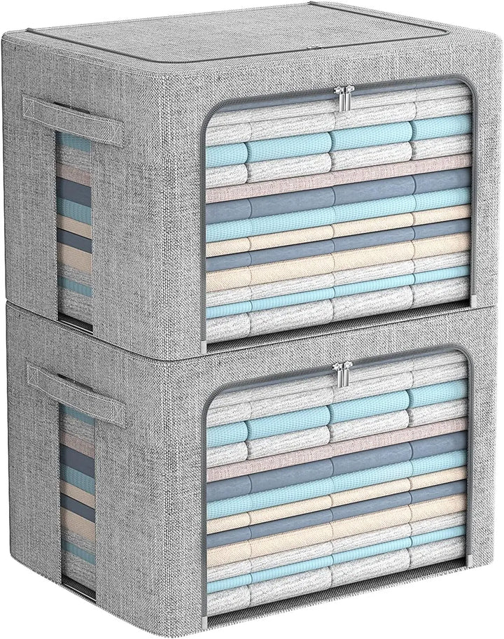 Stackable linen fabric storage box in light gray with a clear window, ideal for home organization.