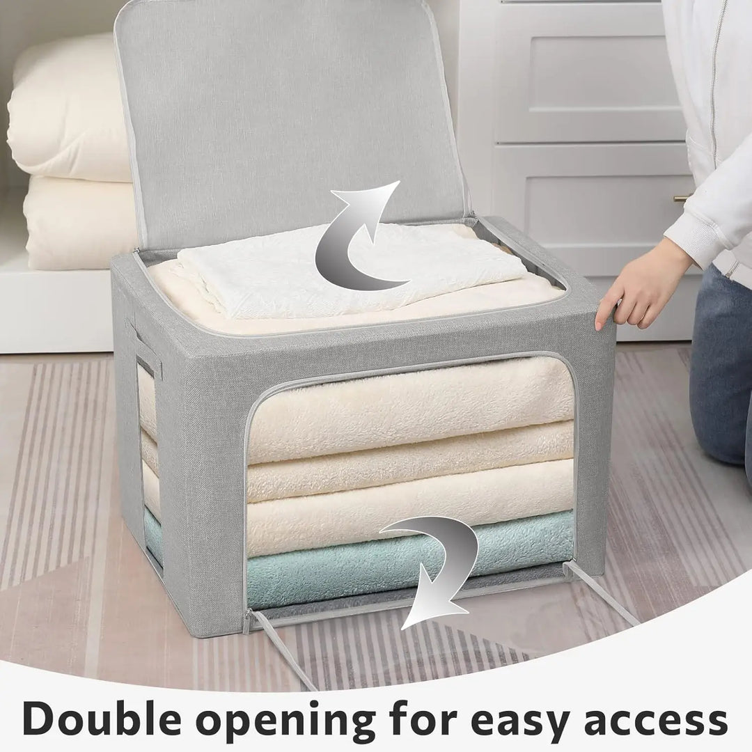 Foldable linen storage box with clear window, light gray, perfect for space-saving household storage.