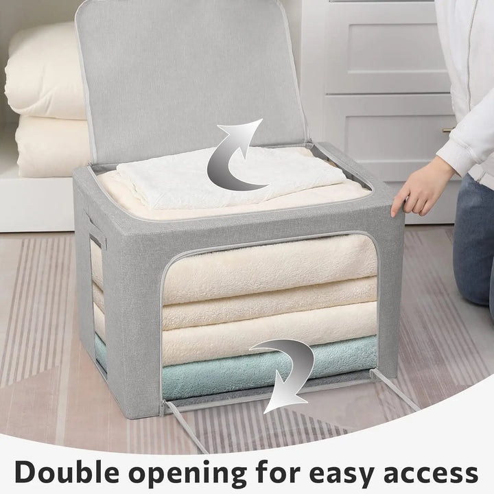 Foldable linen storage box with clear window, light gray, perfect for space-saving household storage.