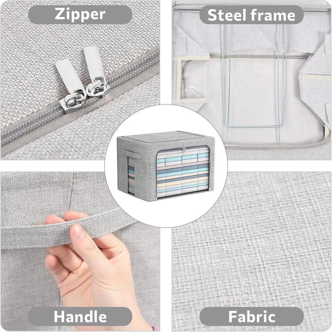 Set of stackable linen fabric storage boxes, gray, featuring clear windows for easy content viewing.