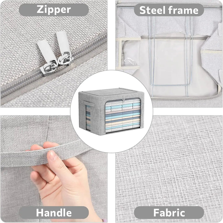 Set of stackable linen fabric storage boxes, gray, featuring clear windows for easy content viewing.