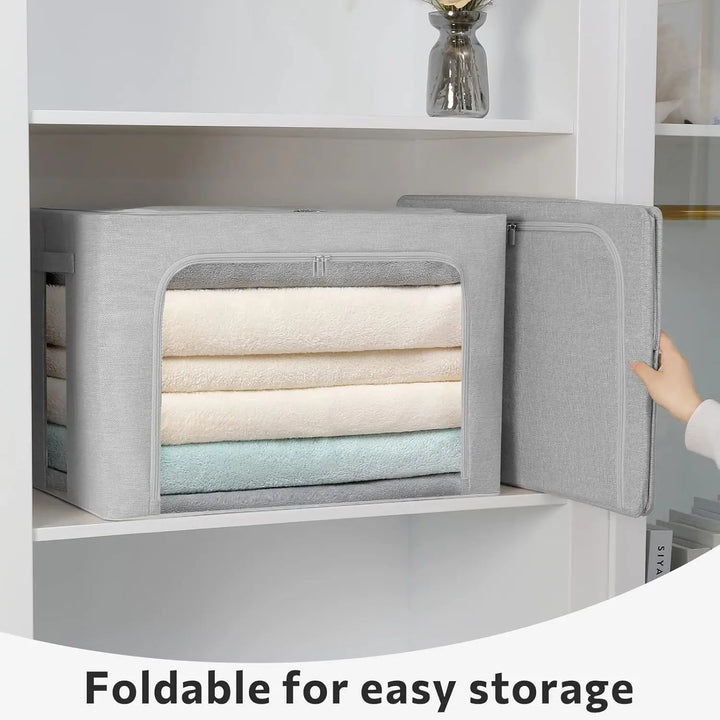 Light gray linen fabric storage organizer, stackable with clear window, for efficient home decluttering.