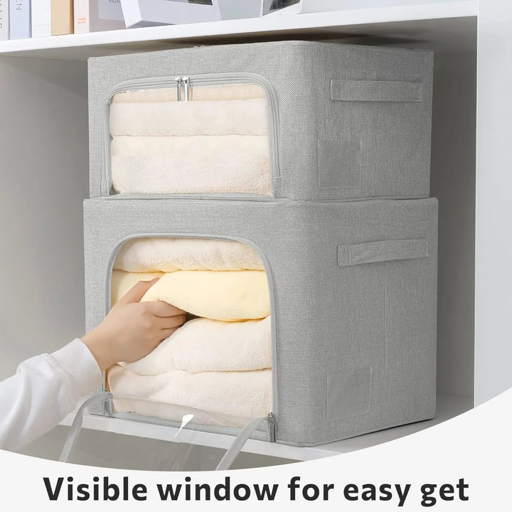 Durable linen storage box, stackable and foldable, with clear window for visible household item storage.