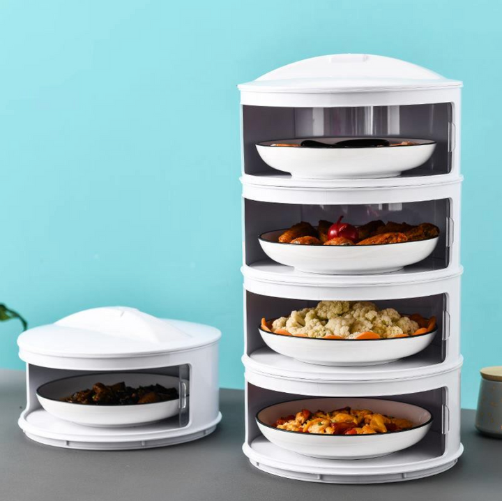 Stackable plastic food storage containers for kitchen organization, keeping fresh food dust-tight.