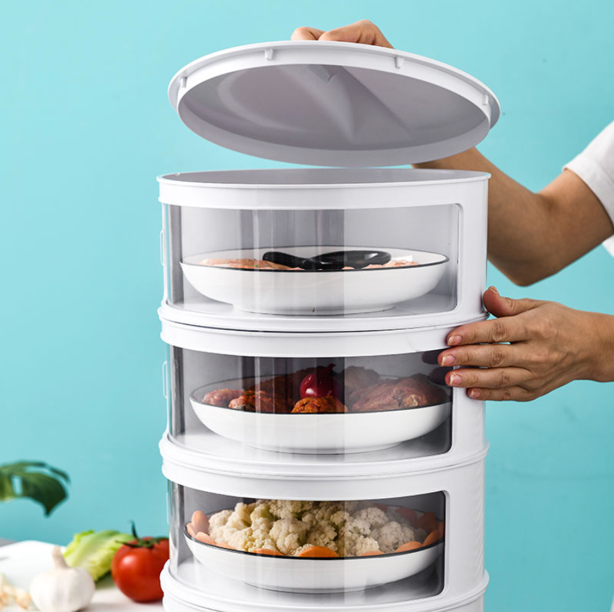 Multi-layer stackable food storage containers for fresh kitchen organization, dust-tight plastic.