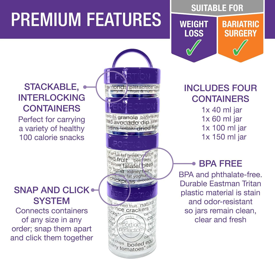 Portion control snack containers aid weight loss & healthy meal prep. Stackable, reusable, BPA-free storage for on-the-go.