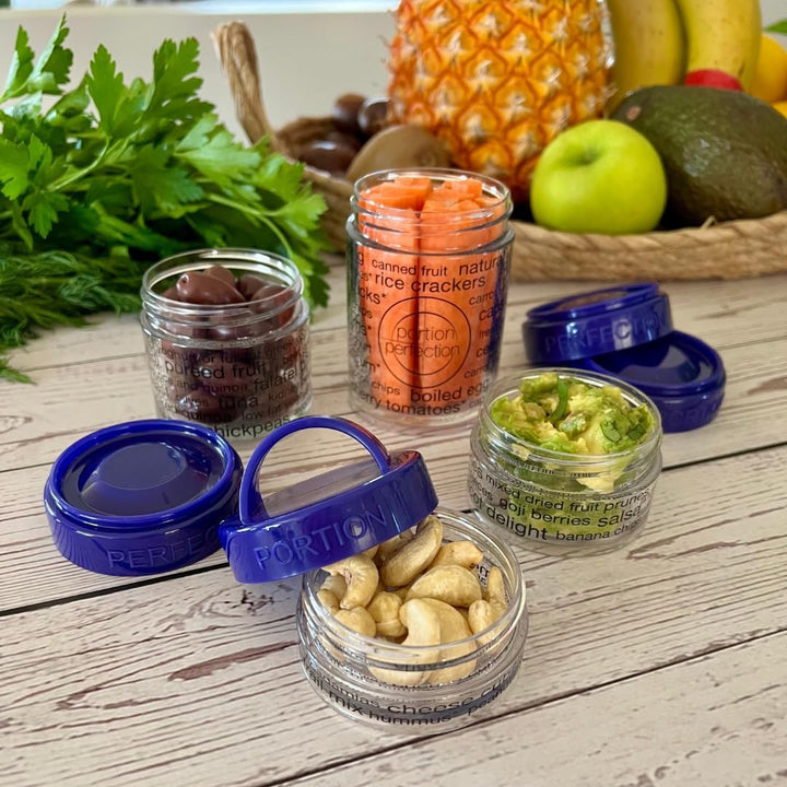 Stackable lunch box snack containers for healthy eating. Portion control, meal prep, reusable, BPA-free, purple & pink.