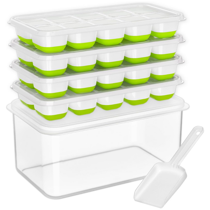 Stackable silicone ice cube trays & storage bin with scoop, ideal for kitchen & barware.