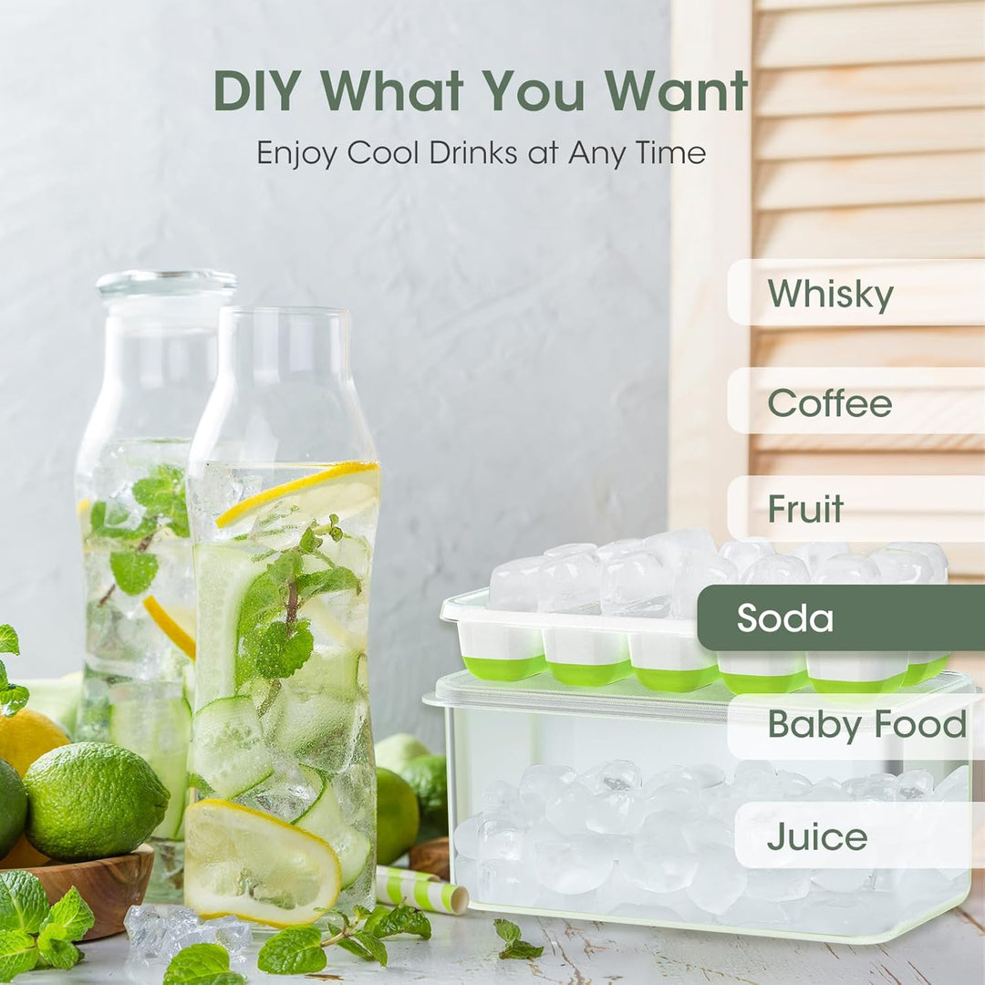 Convenient freezer organizer: Stackable silicone ice tray system with scoop for easy access.
