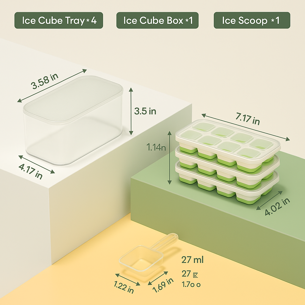 Compact stackable silicone ice cube trays with a clear storage bin, perfect for small freezers.