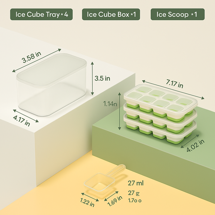 Compact stackable silicone ice cube trays with a clear storage bin, perfect for small freezers.