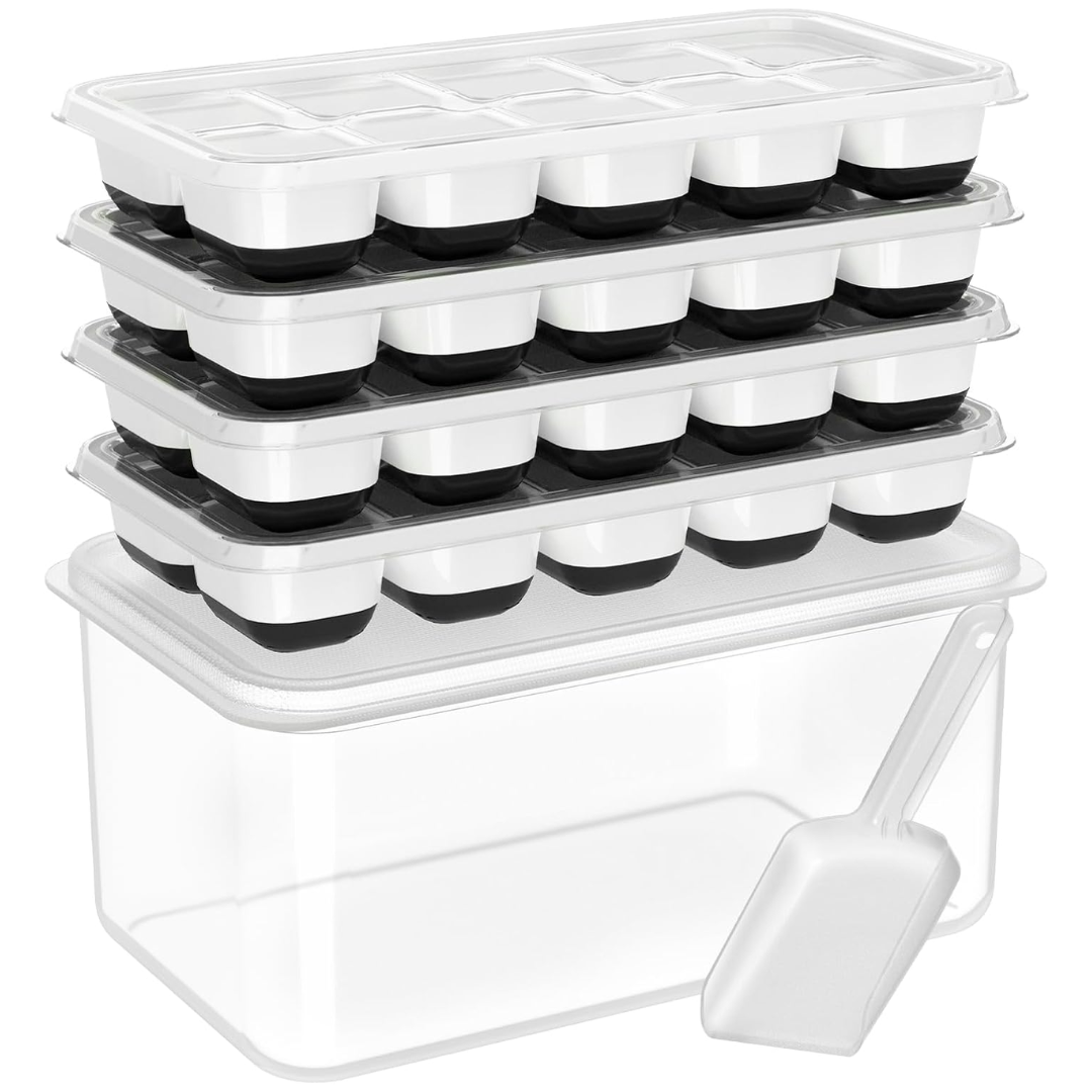 Set of two green stackable silicone ice cube trays with lid and clear storage bin for freezer.