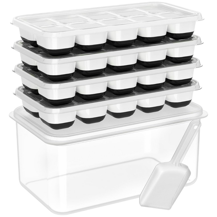 Set of two green stackable silicone ice cube trays with lid and clear storage bin for freezer.
