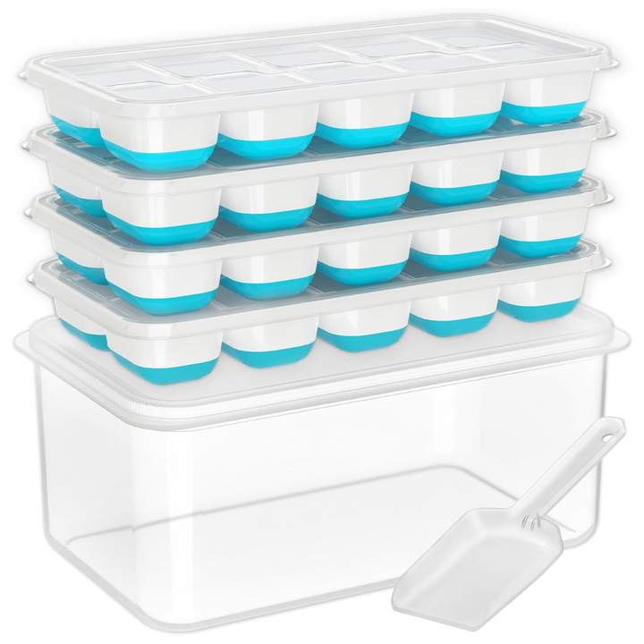 Silicone ice cube tray set: two trays, ice bin, and scoop for efficient home ice storage.