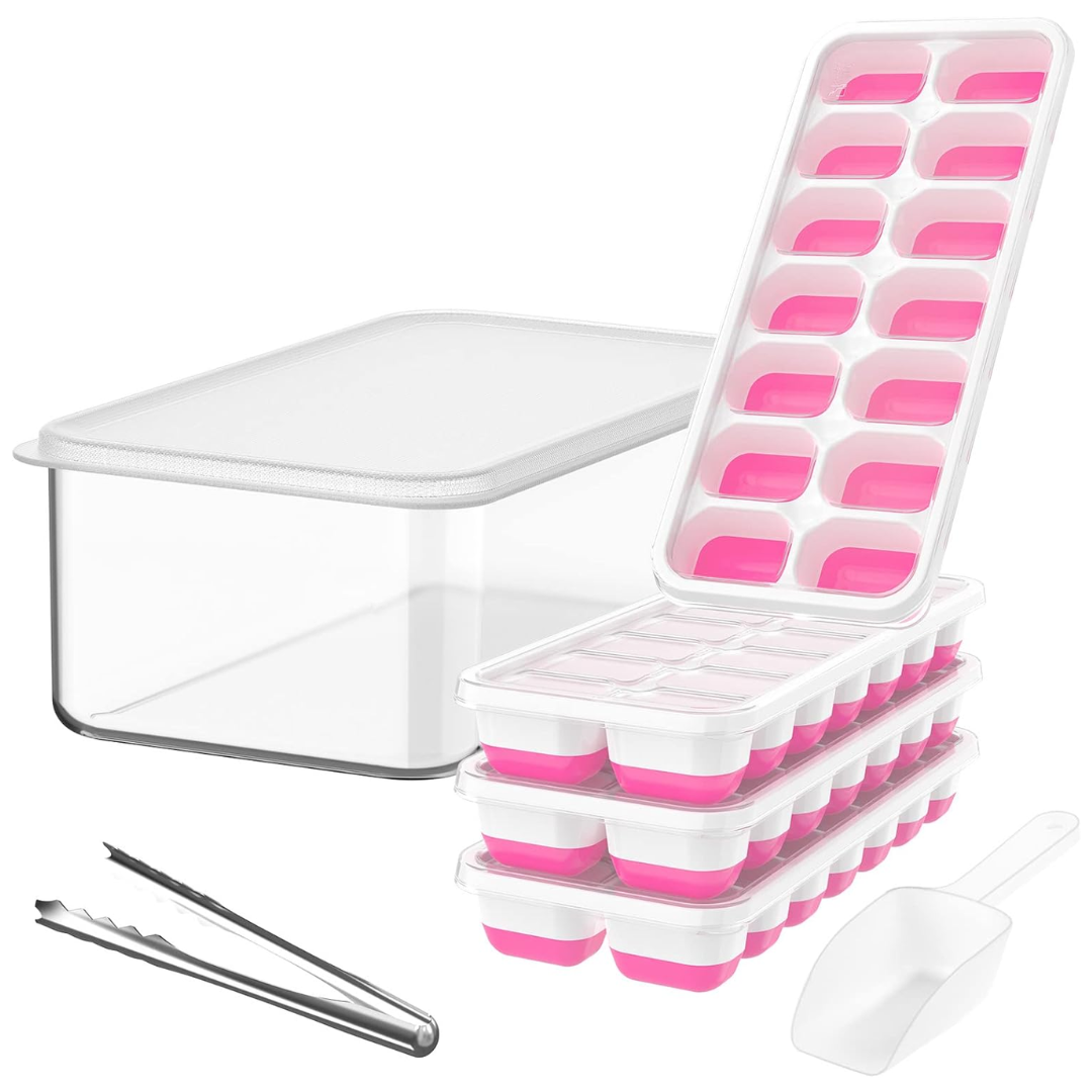 Green silicone ice cube molds for easy release, stackable design with a clear storage container.