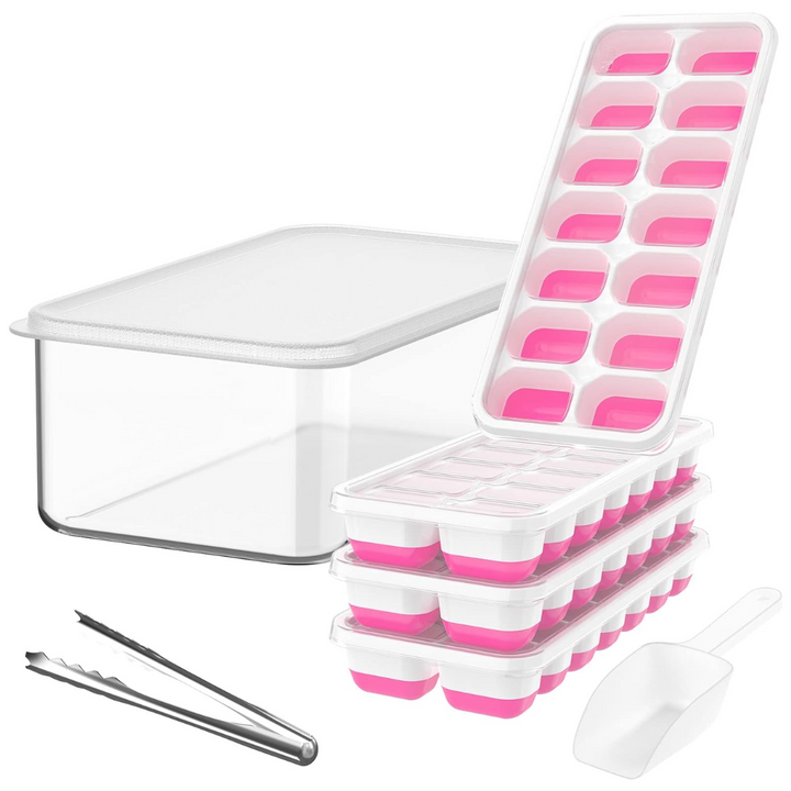 Green silicone ice cube molds for easy release, stackable design with a clear storage container.