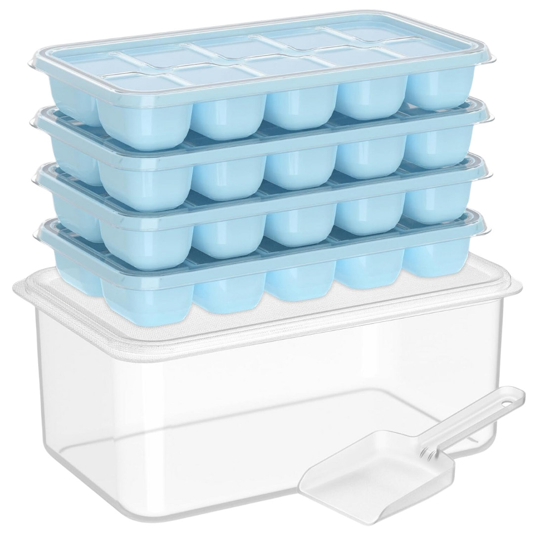 Kitchen essential: Stackable silicone ice cube trays with cover and bin for beverage accessories.