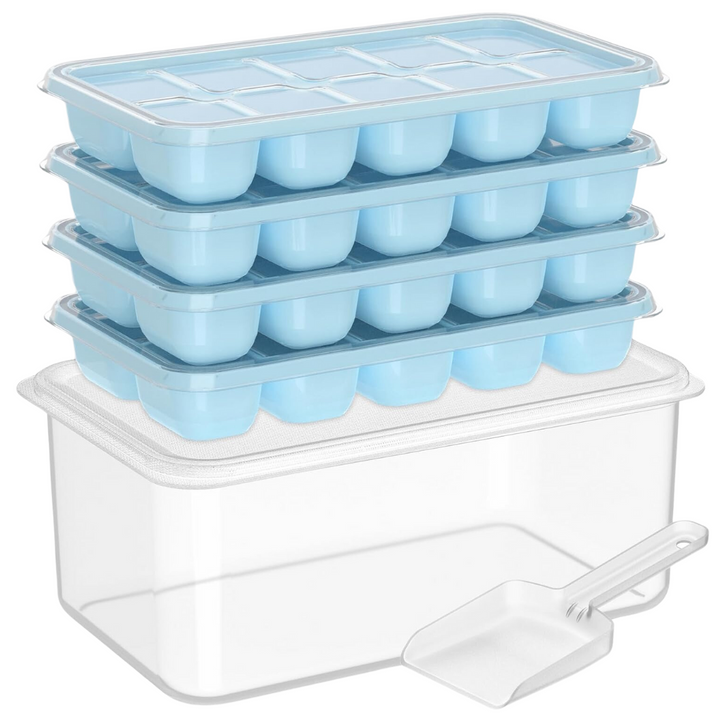 Kitchen essential: Stackable silicone ice cube trays with cover and bin for beverage accessories.