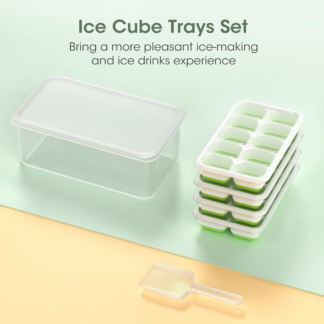 Efficient ice storage solution: Silicone ice trays, lidded bin, and scoop, perfect for drinks.