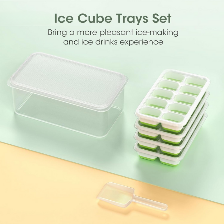 Efficient ice storage solution: Silicone ice trays, lidded bin, and scoop, perfect for drinks.