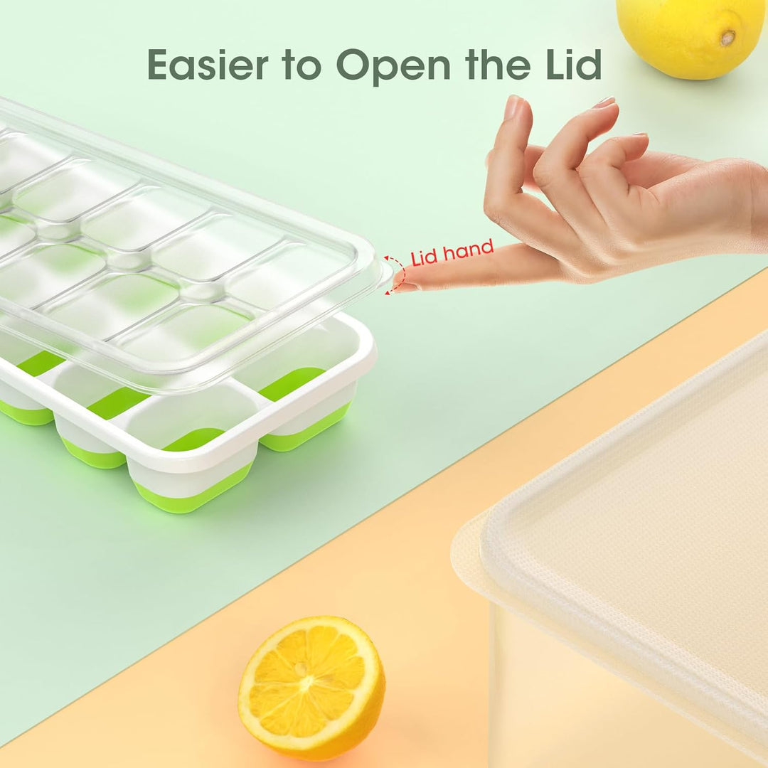 Modern stackable ice cube trays in silicone with a matching freezer storage bin and scoop.