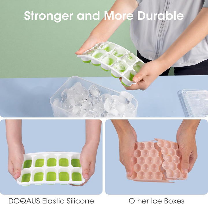 Two green silicone ice cube trays, stackable with a lid and large capacity ice storage bin.