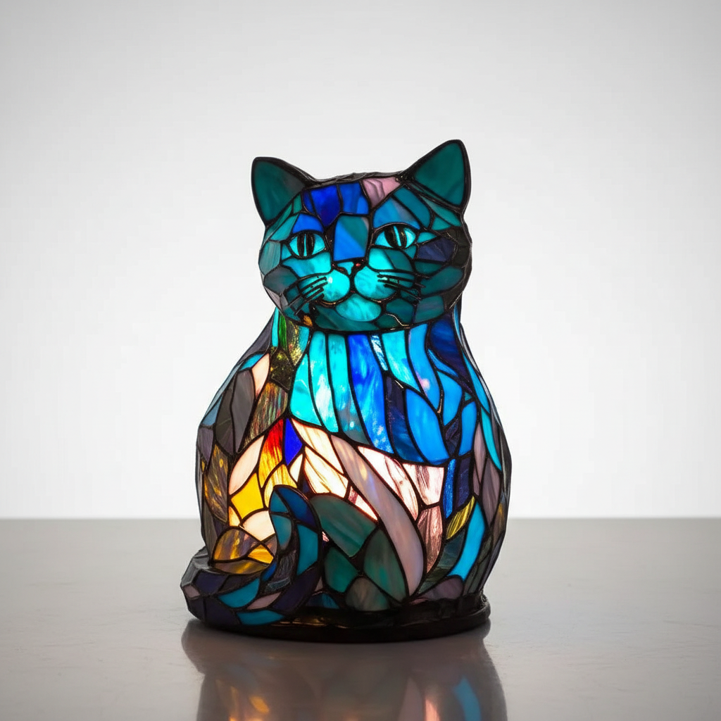 Stained glass cat table lamp, cute animal accent light for cat lovers