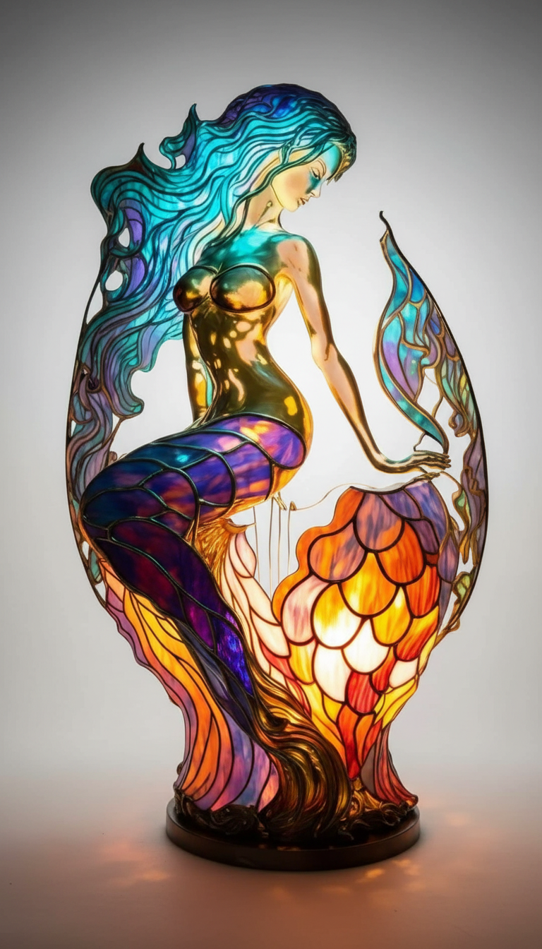 Close up of stained glass owl table lamp, intricate detail, warm home lighting