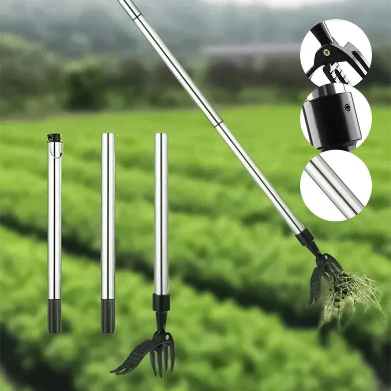 Adjustable long handle stainless steel weed puller. Detachable design for comfortable, back-saving garden and lawn care.