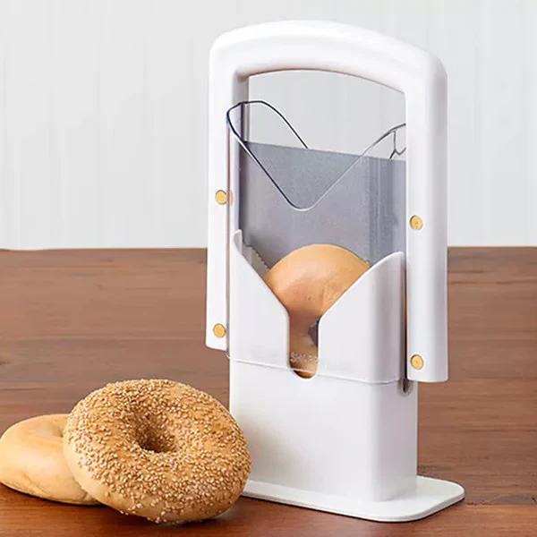 Guillotine bagel cutter, stainless steel design. Ensures safe, even slices for your breakfast bagels.