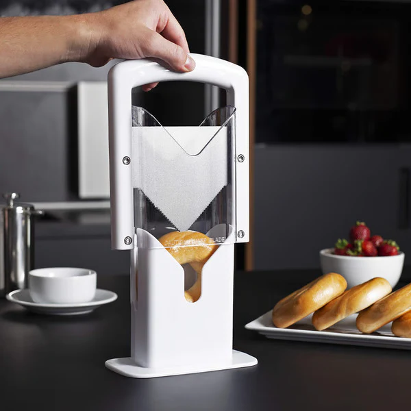 Precision stainless steel bagel slicer. Essential kitchen gadget for perfect, safe bagel cutting every time.