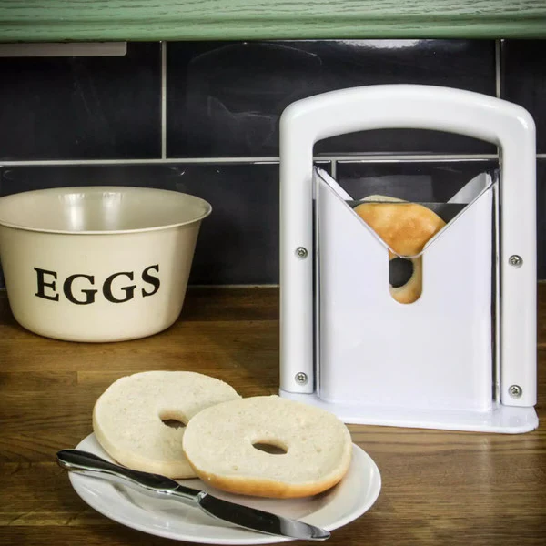 Effortless stainless steel bagel cutter. A durable kitchen tool for quick, safe bagel slicing and food prep.