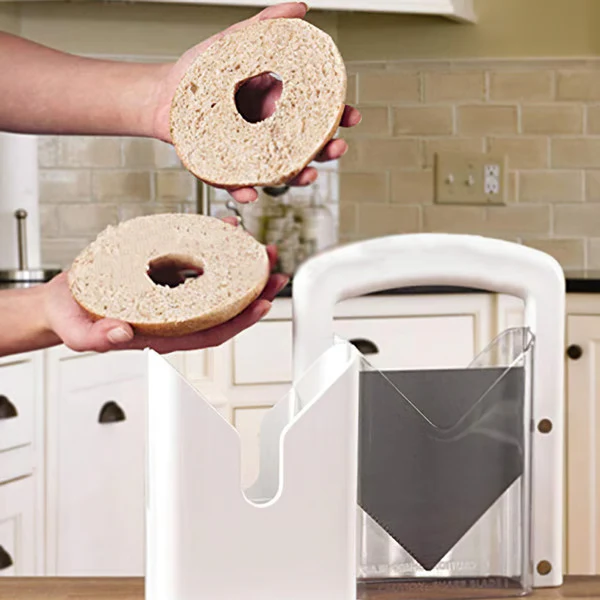High-quality stainless steel bagel slicer and cutter. Delivers perfect, safe, and easy slices for breakfast.