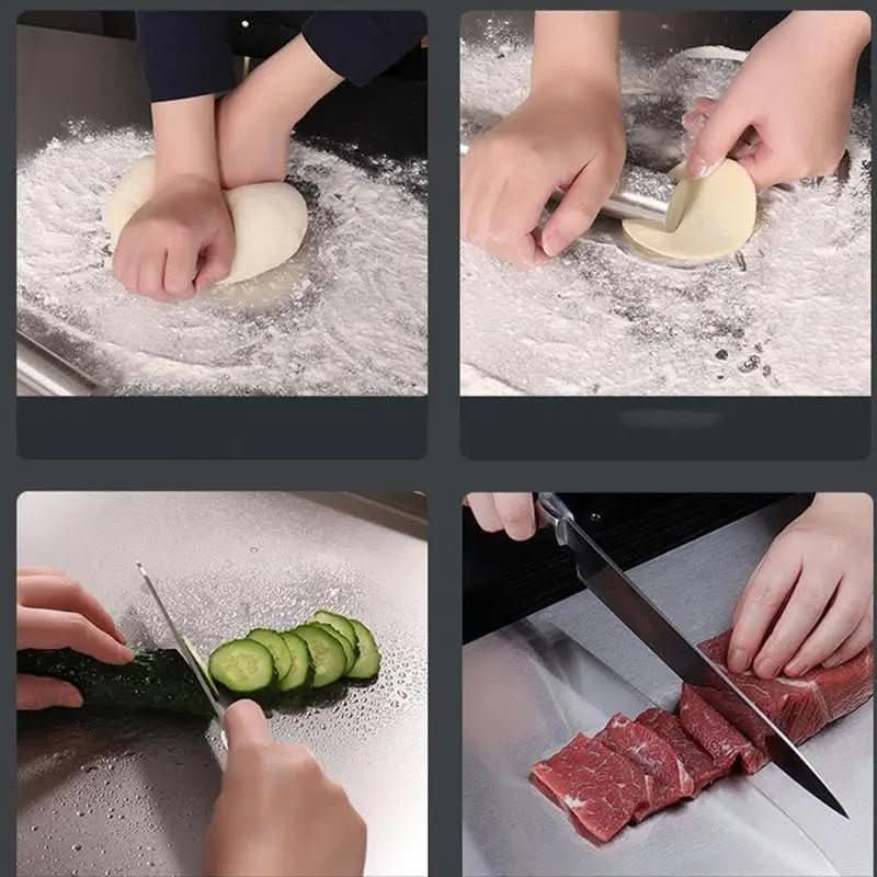 Durable stainless steel cutting board for kitchen food prep. Non-slip, hygienic, integrated lip, dishwasher safe.