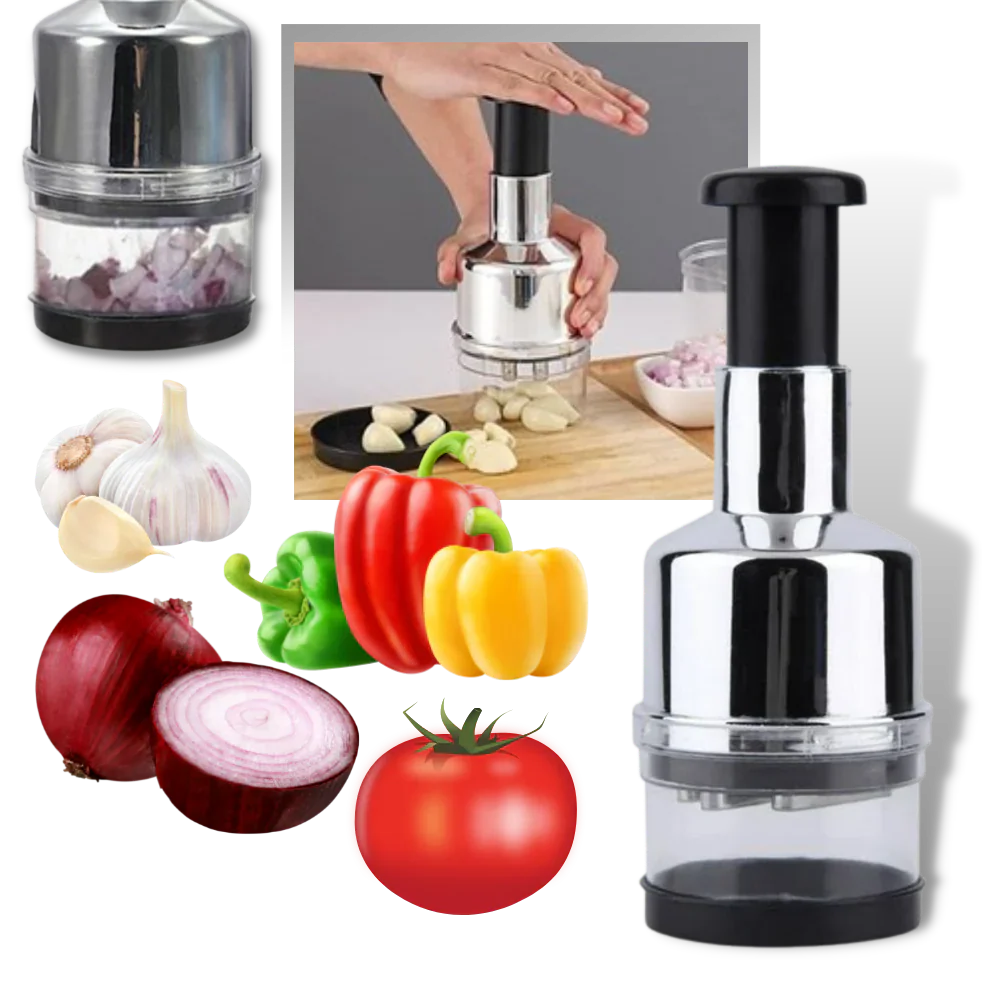 Stainless steel garlic chopper & vegetable mincer for quick kitchen food prep.