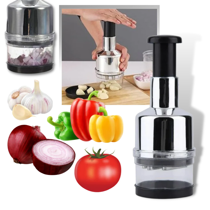 Stainless steel garlic chopper & vegetable mincer for quick kitchen food prep.