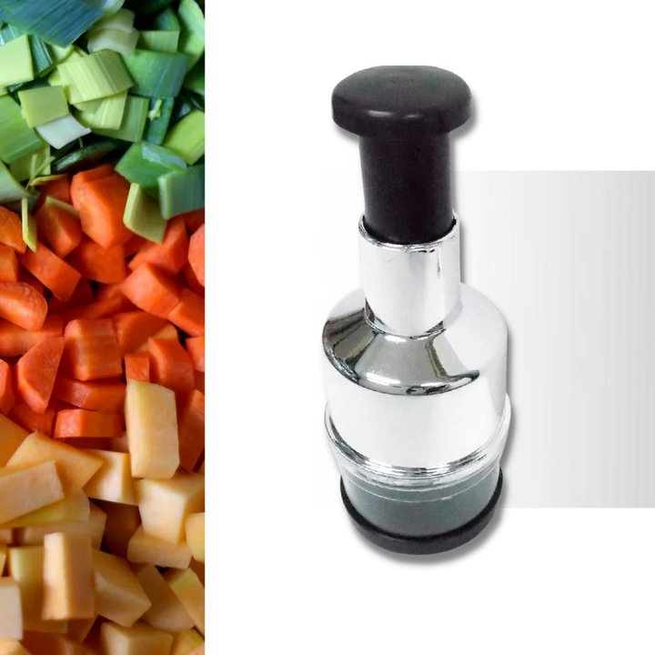 Durable stainless steel manual garlic chopper & vegetable mincer. Essential kitchen tool for food prep.