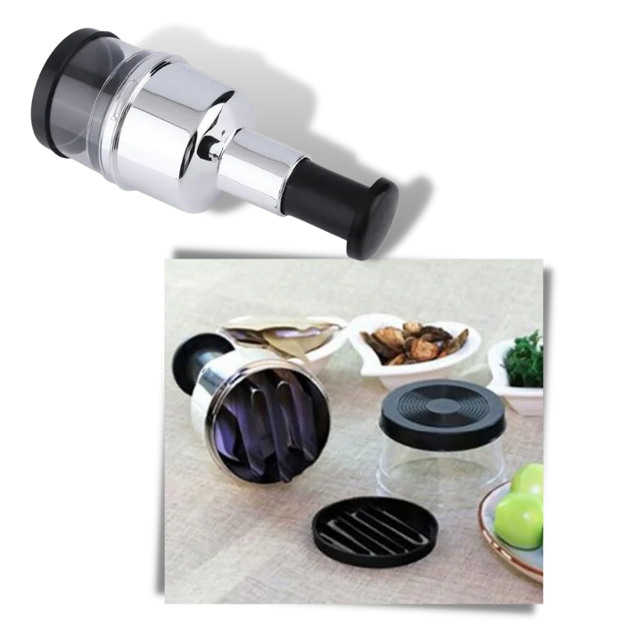 Manual stainless steel garlic chopper mincing fresh garlic & vegetables. Easy food prep for cooking.