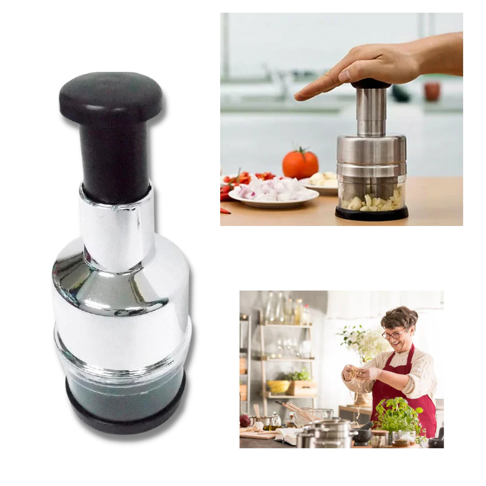 Ergonomic design stainless steel vegetable mincer & garlic chopper, a smart kitchen gadget for food prep.