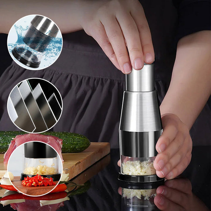 Durable stainless steel garlic press, designed for easy and efficient cooking tasks.